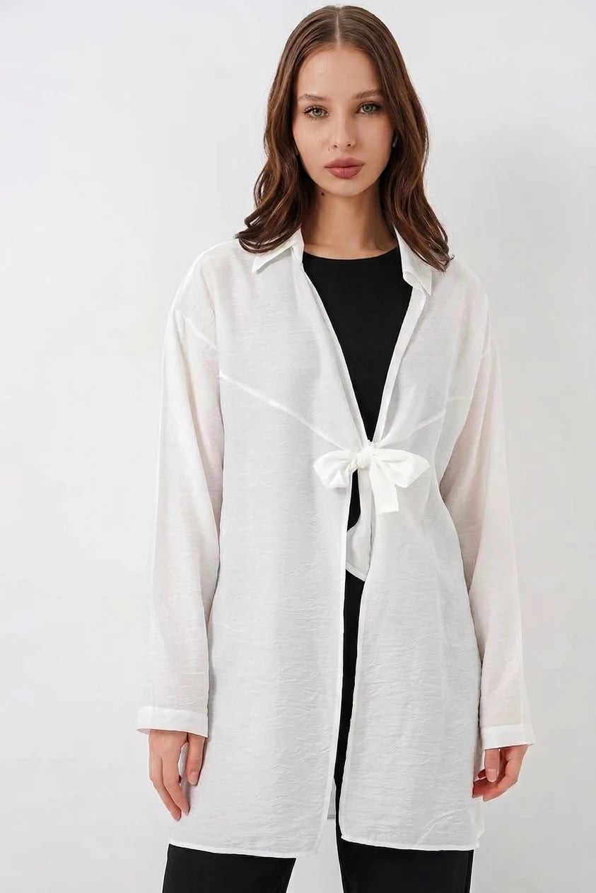 Kadın Gömlek Yaka Bağcıklı Viskon Beyaz Kimono