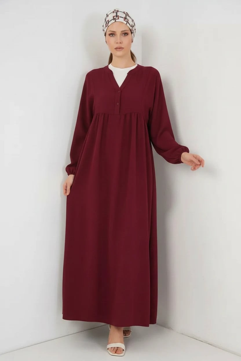  Kadın V Yaka Beli Büzgülü Bordo Tesettür Elbise 