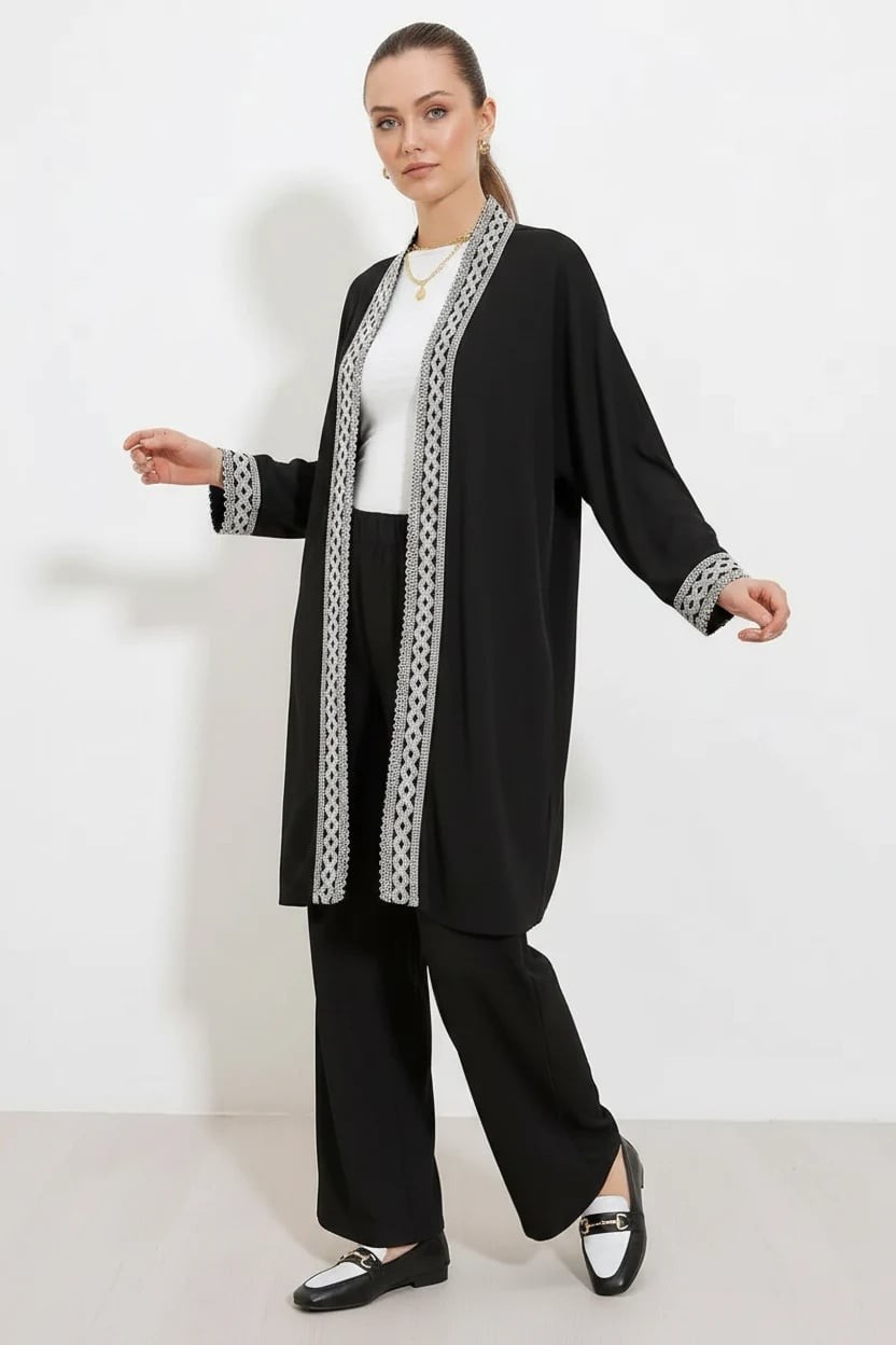  Kadın Kimono Yaka Örme Dantel Detaylı Siyah Takım 