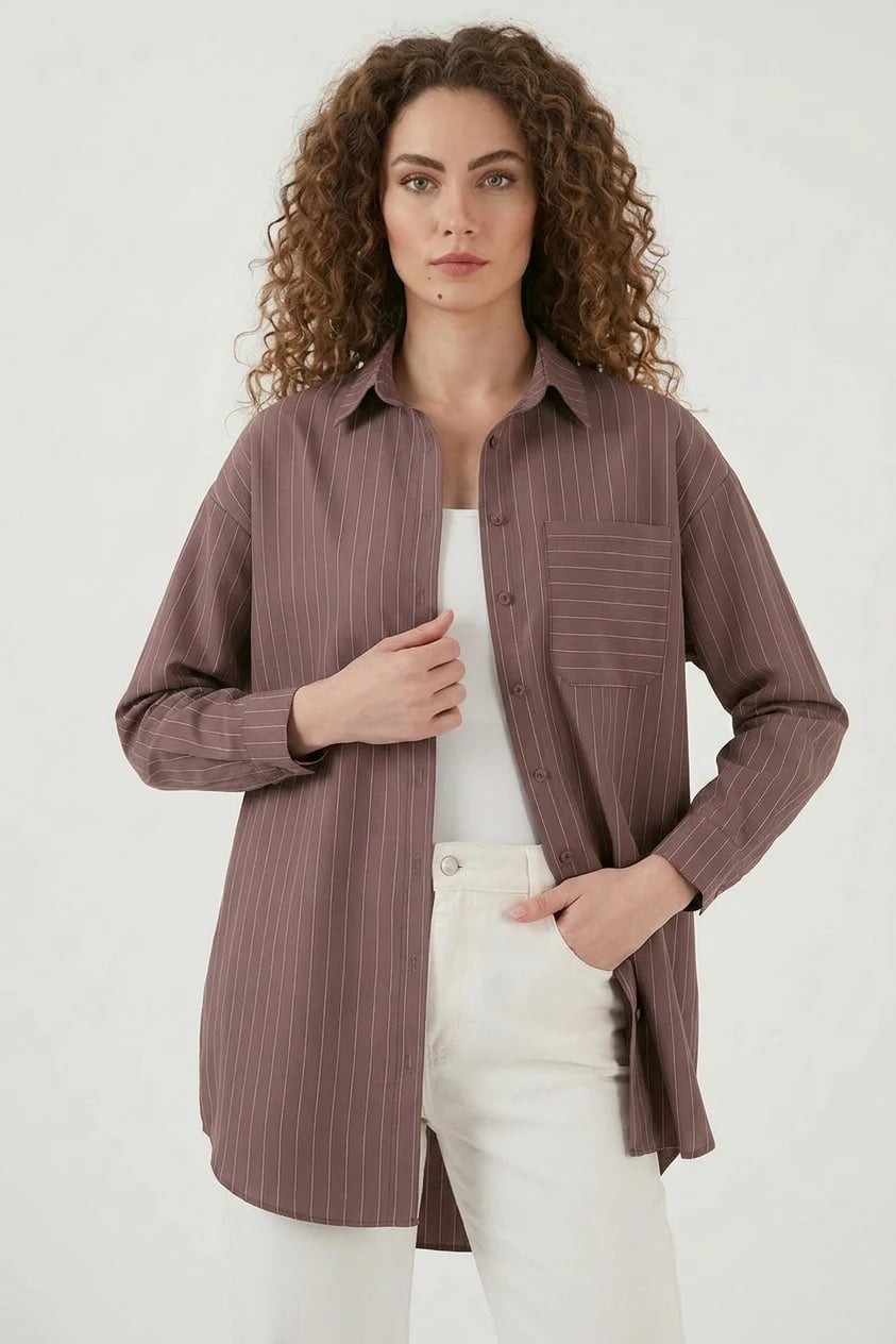  Kadın Oversize Çizgili Pamuklu Kahverengi Gömlek 