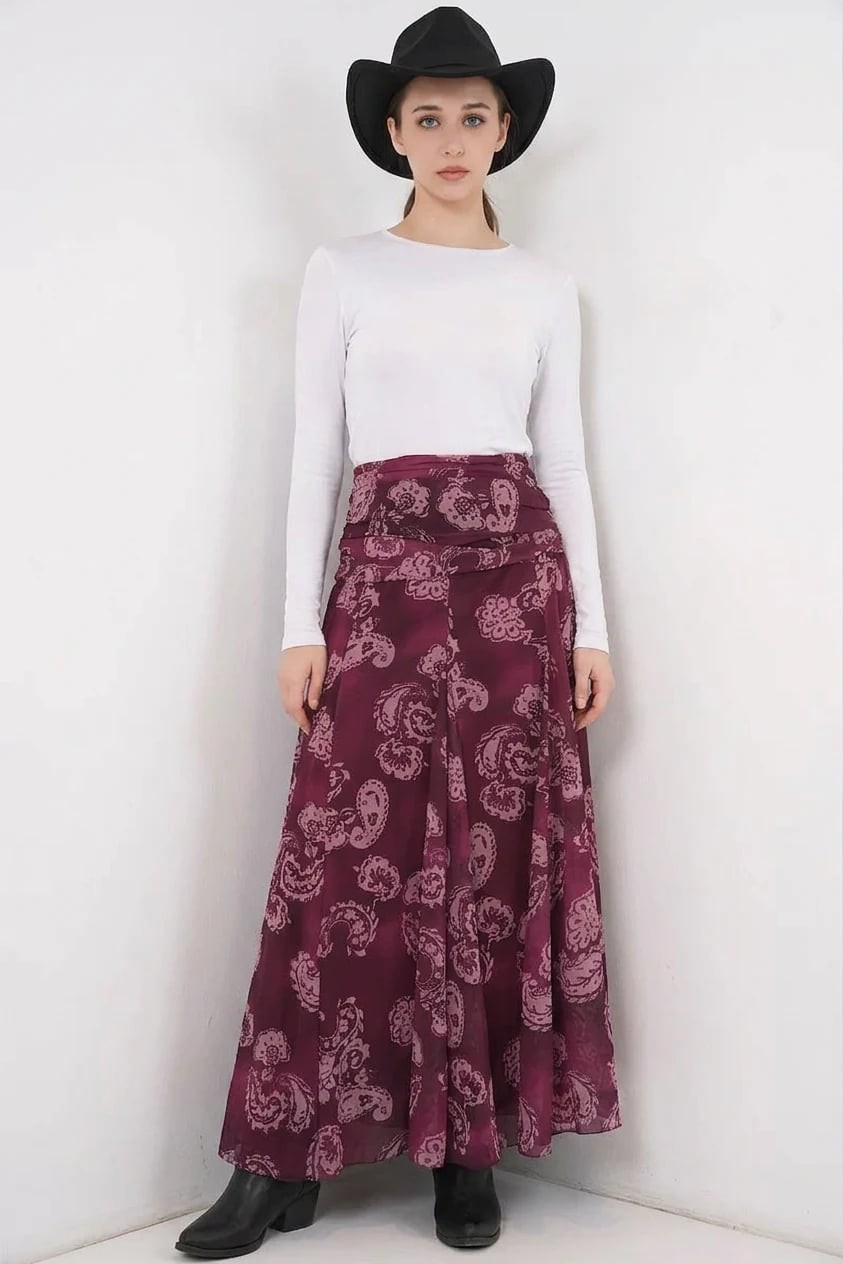 Kadın Desenli Şifon Bordo Etek
