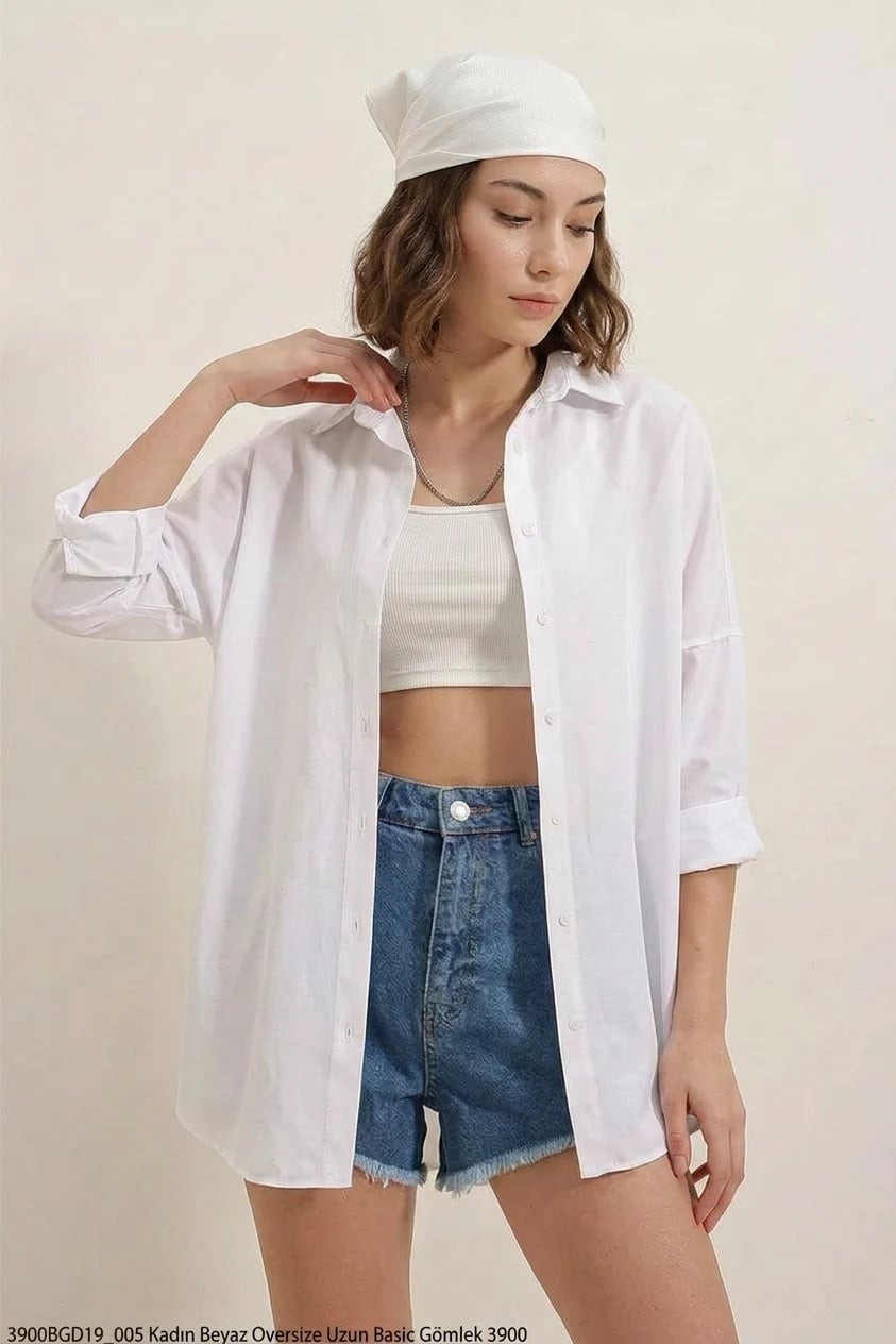  Kadın Oversize Basic Pamuklu Beyaz Gömlek 
