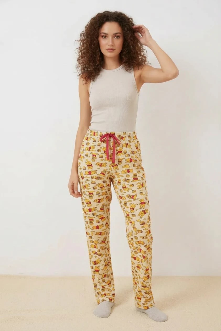  Kadın Beli Büzgülü Desenli Krem Pijama Altı 
