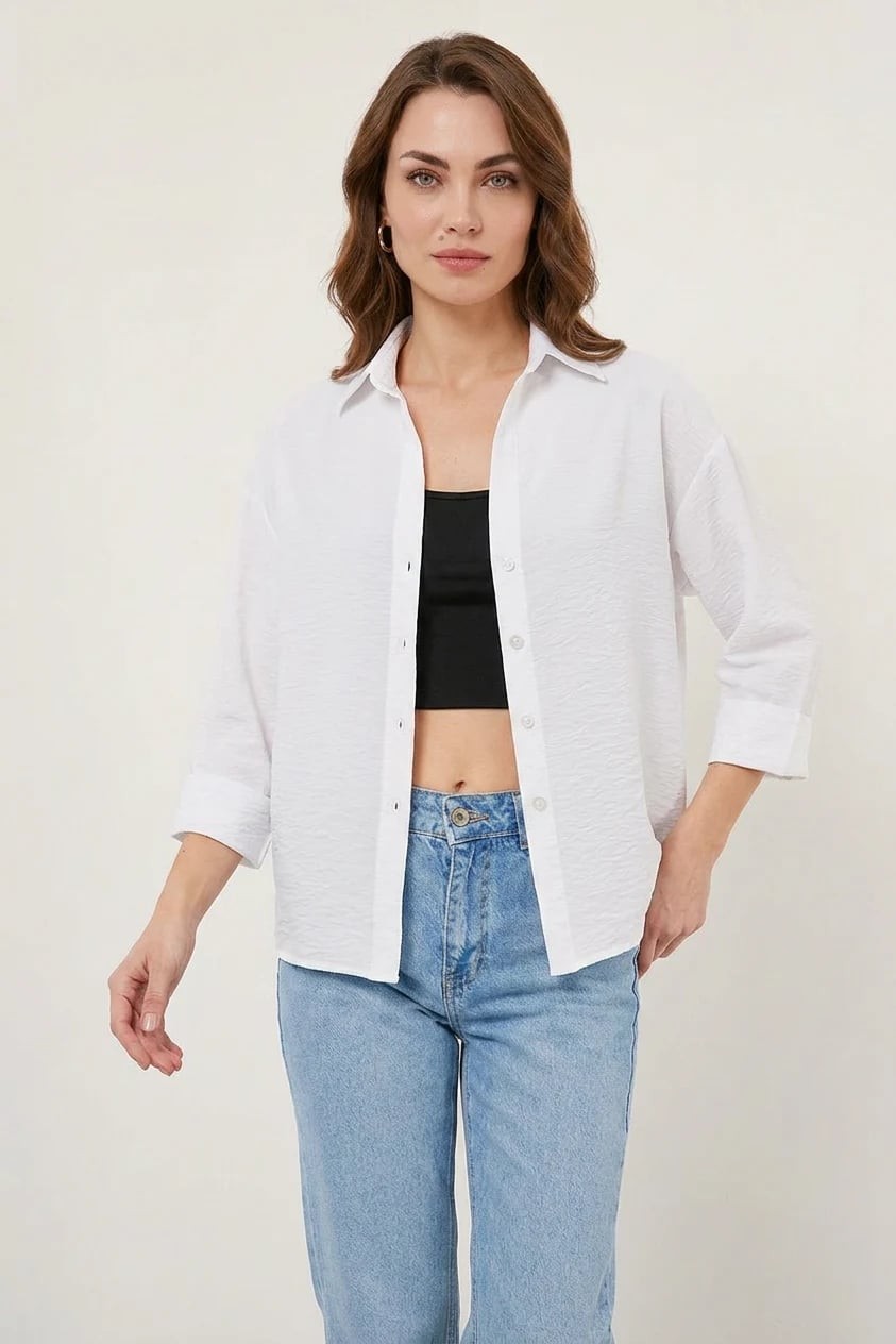  Kadın Oversize Kısa Kol Viskon Beyaz Gömlek 