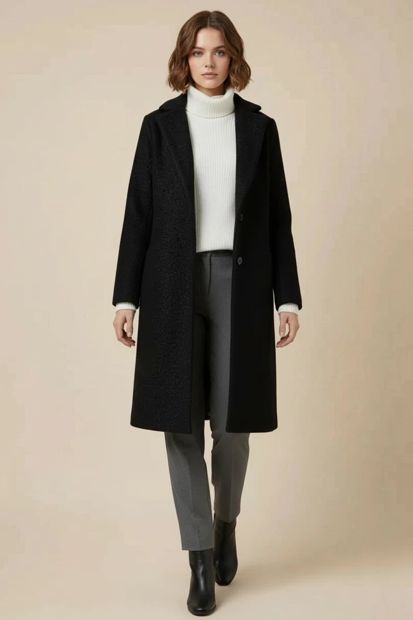  Kadın Klasik Yaka Oversize Kaşe Siyah Kaban 