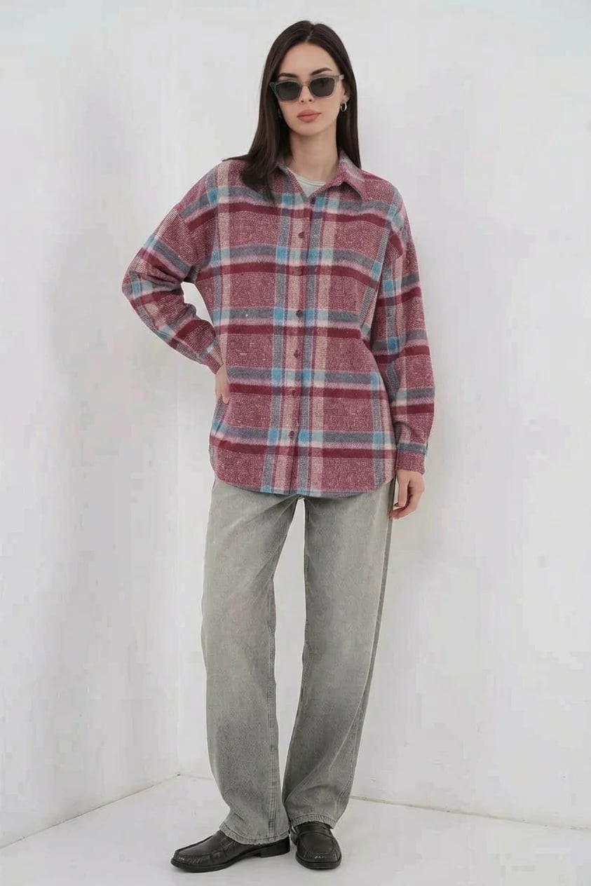  Kadın Oversize Ekose Desenli Pamuklu Mor Gömlek 
