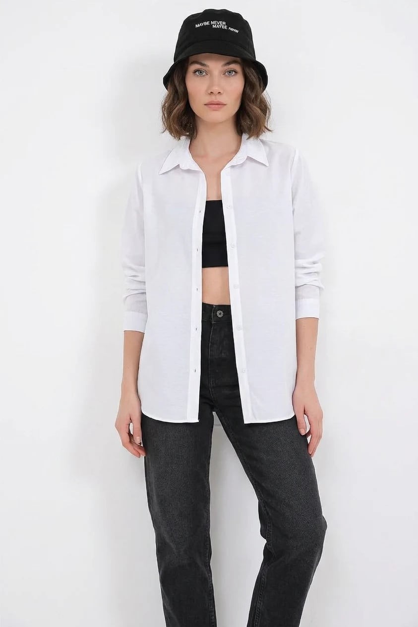  Kadın Oversize Basic Pamuklu Beyaz Gömlek 