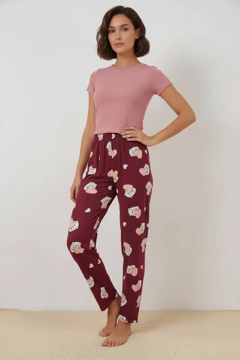  Kadın Desenli Bordo Pijama Altı 
