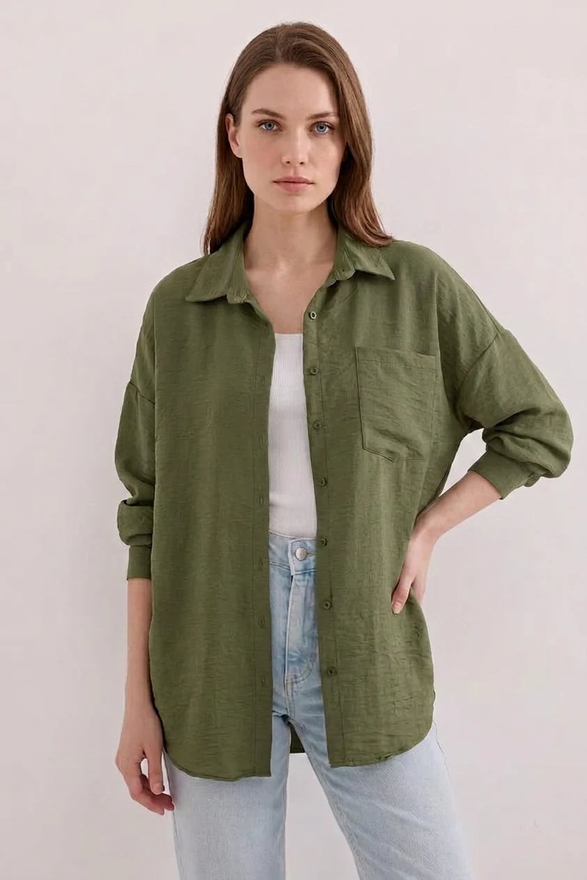  Kadın Oversize Kesim Tek Cepli Viskon Haki Gömlek 