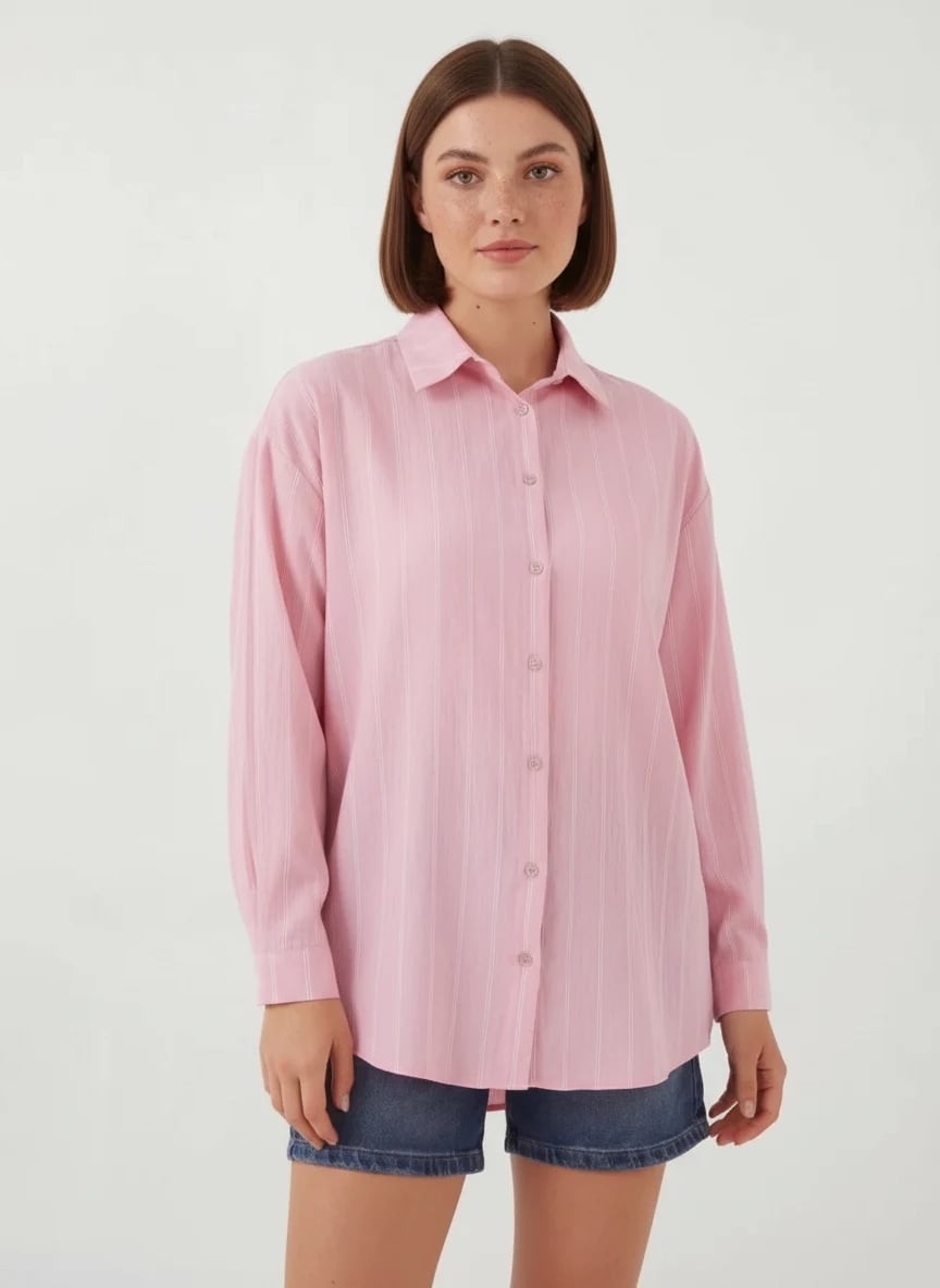  Kadın Oversize Çizgili Viskon Pembe Gömlek 