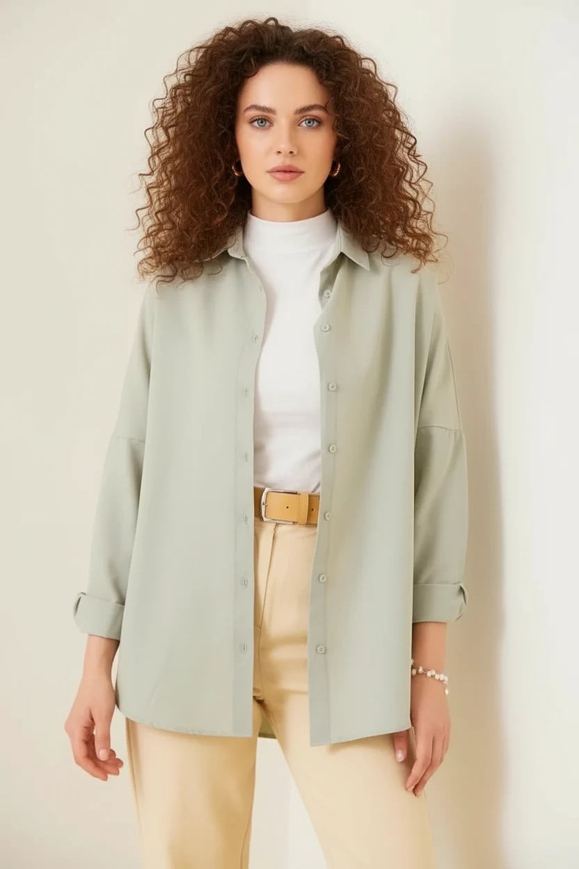  Kadın Oversize Basic Pamuklu Açık Haki Tesettür Gömlek 