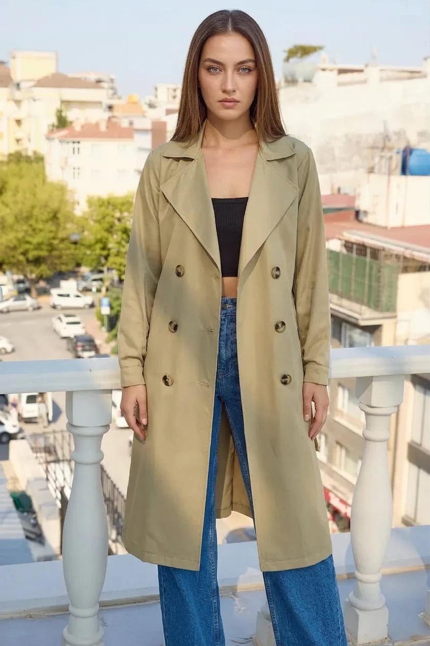 Kadın Kruvaze Yaka Kemerli A.Haki Trençkot