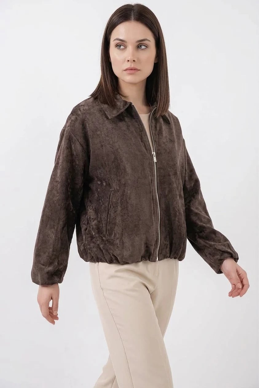 Kadın Klasik Yaka Normal Büzgülü Oversize Kadife Kahverengi Ceket
