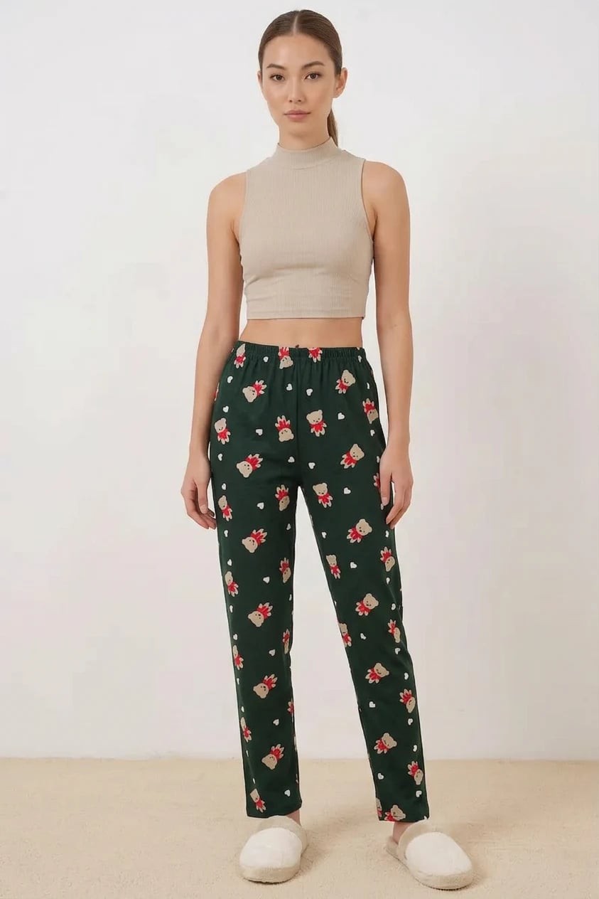  Kadın Desenli Zümrüt Yeşili Pijama Altı 