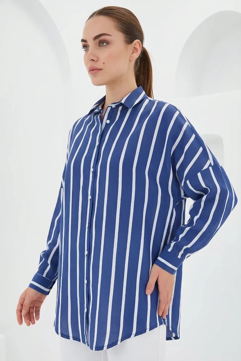  Kadın Basic Oversize Çizgili Lacivert Gömlek 