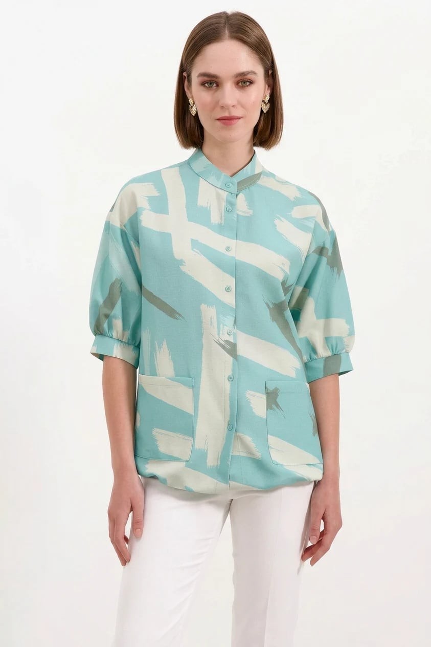  Kadın Oversize Desenli Viskon Mint Gömlek 