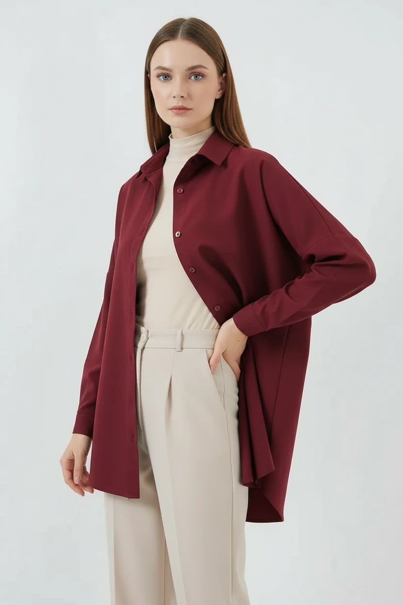  Kadın Basic Oversize Pamuklu Mürdüm Tesettür Gömlek 