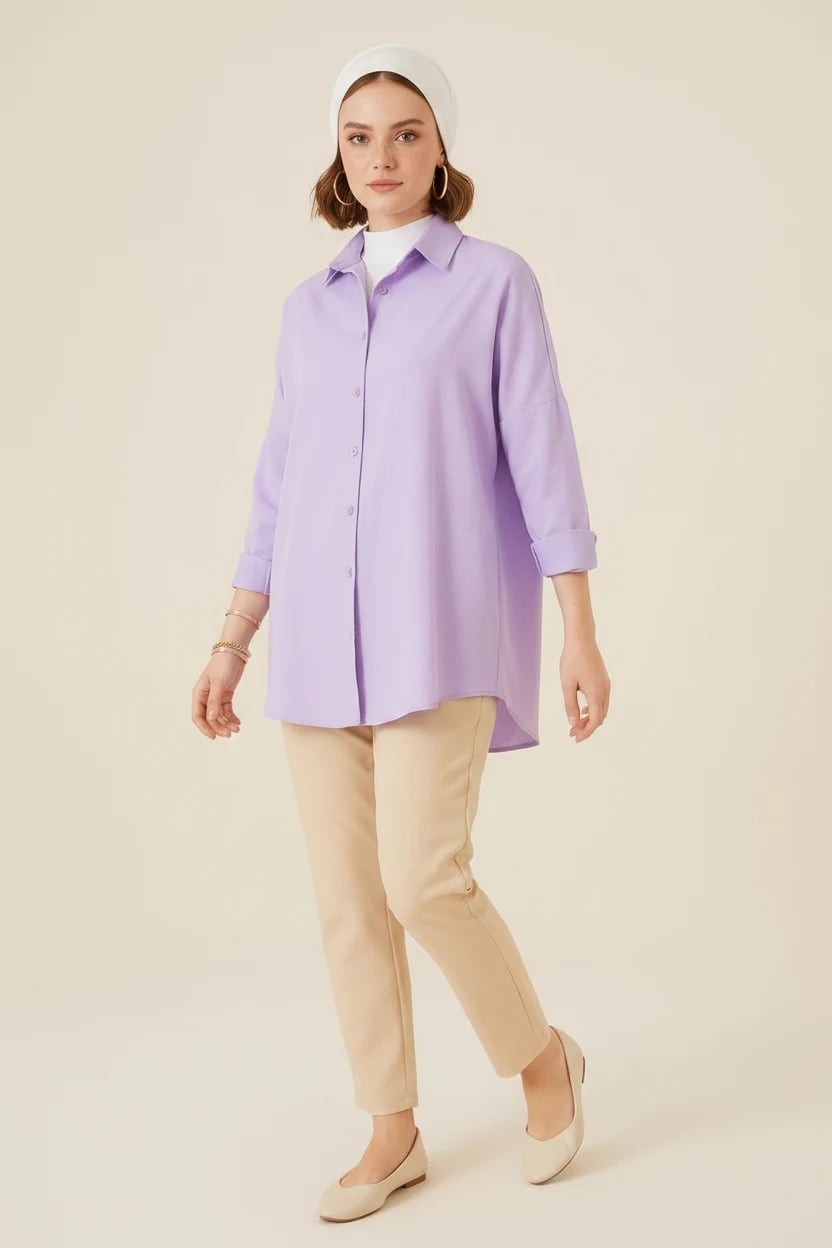  Kadın Oversize Kesim Basic Pamuklu Lila Tesettür Gömlek 