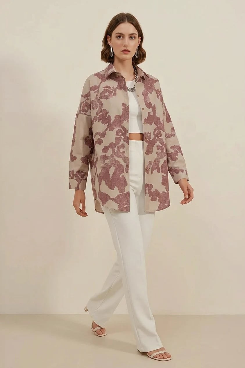  Kadın Basic Oversize Desenli Pamuklu Gül Kurusu Gömlek 