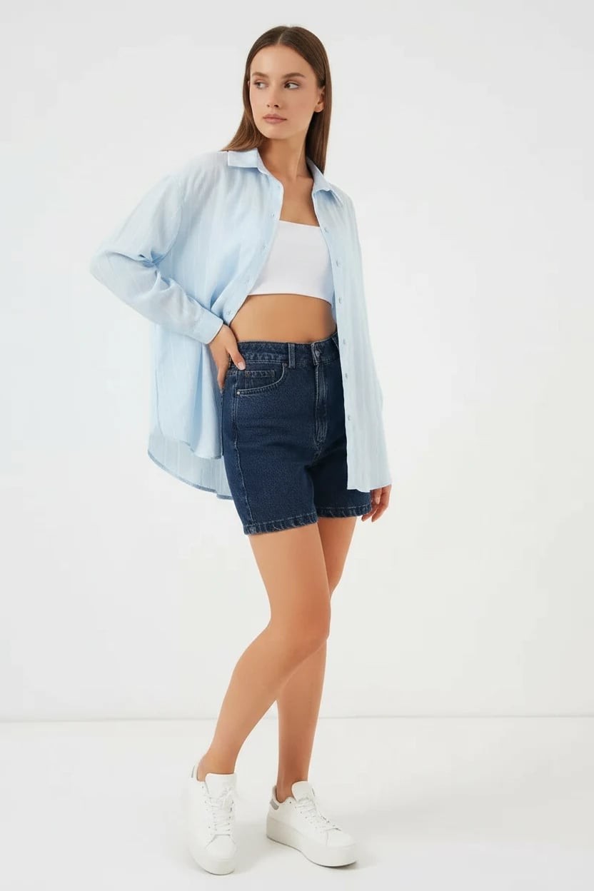  Kadın Basic Oversize Çizgili Pamuklu Mavi Gömlek 