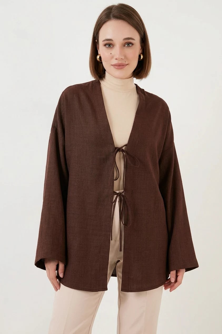  Kadın Kuşaklı Viskon Kahverengi Tesettür Kimono 