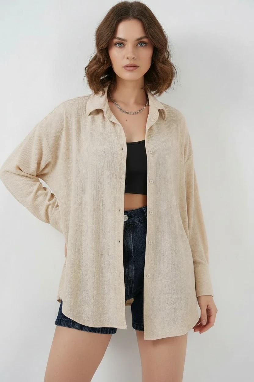  Kadın Oversize Kesim Bej Gömlek 