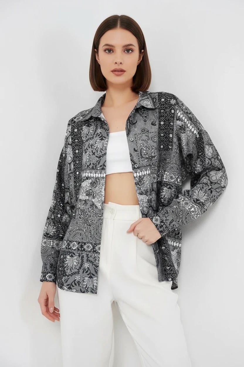  Kadın Oversize Desenli Saten Antrasit Gömlek 