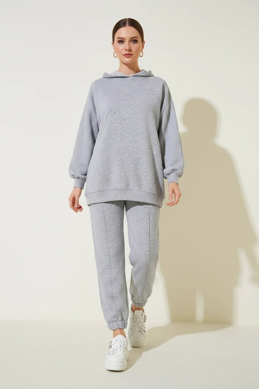  Kadın Kapüşonlu Beli Lastikli Oversize Gri Eşofman Takımı 