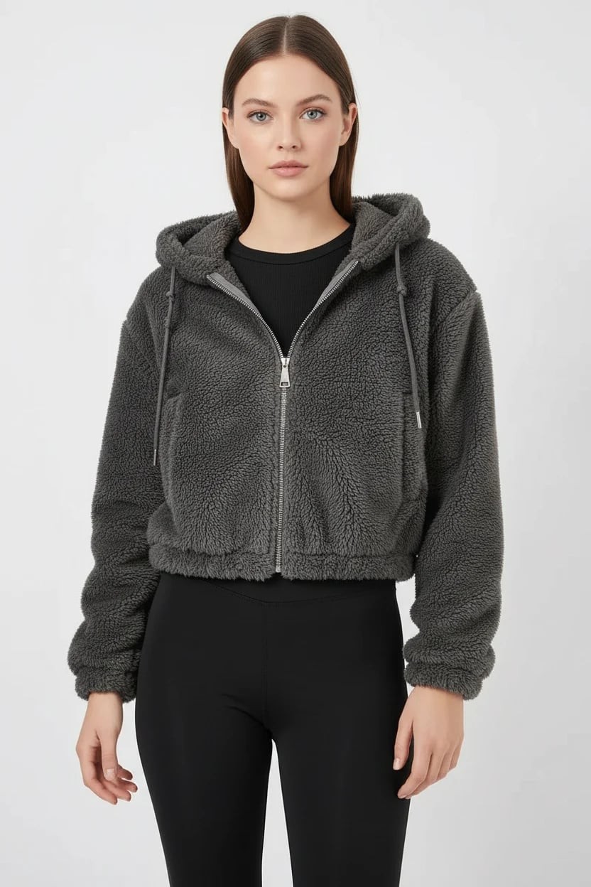 Kadın Kapüşonlu Crop Peluş Antrasit Ceket