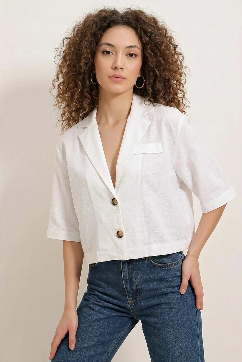  Kadın Gömlek Yaka Crop Oversize Düğmeli Keten Beyaz Ceket 