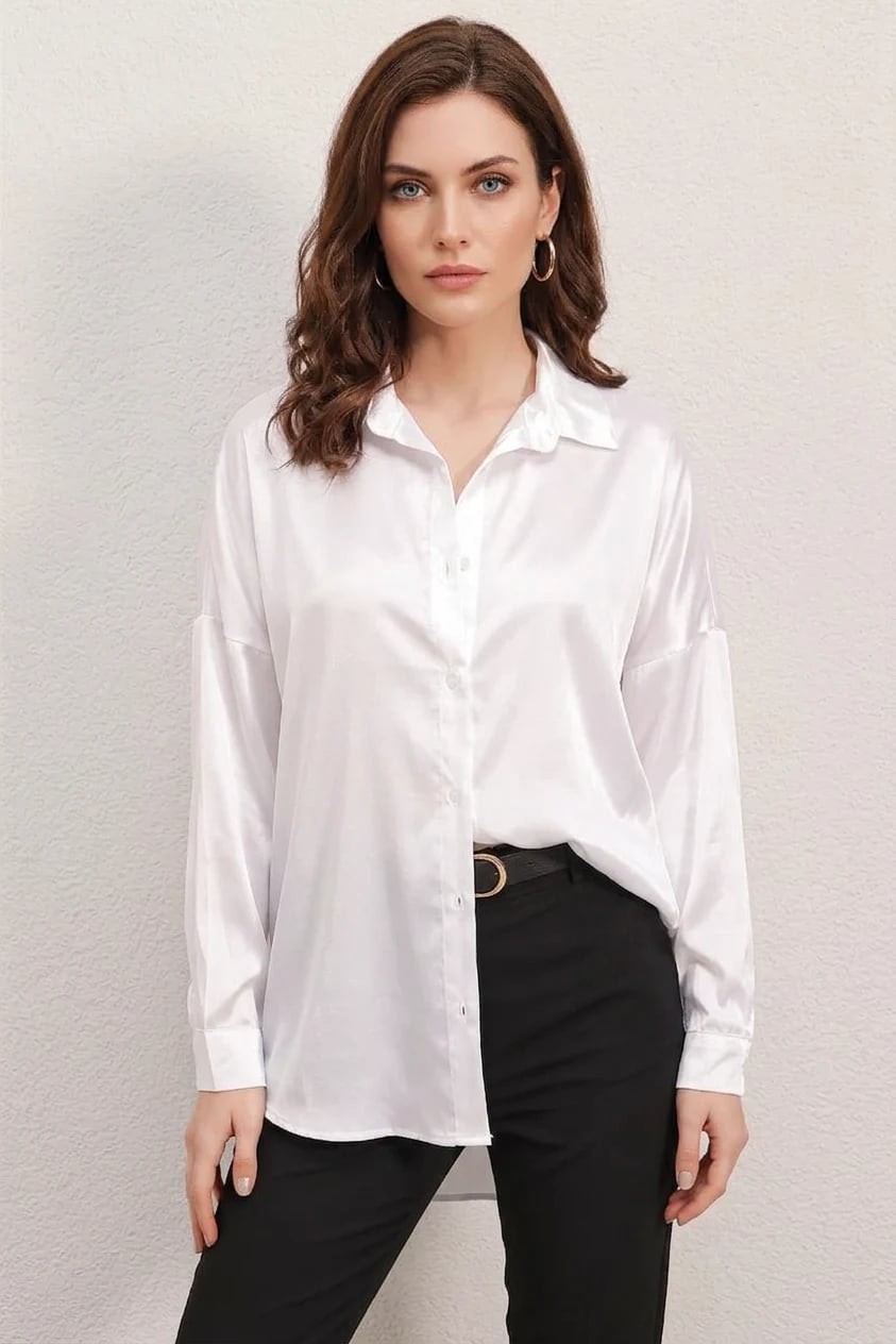  Kadın Oversize Saten Beyaz Gömlek 