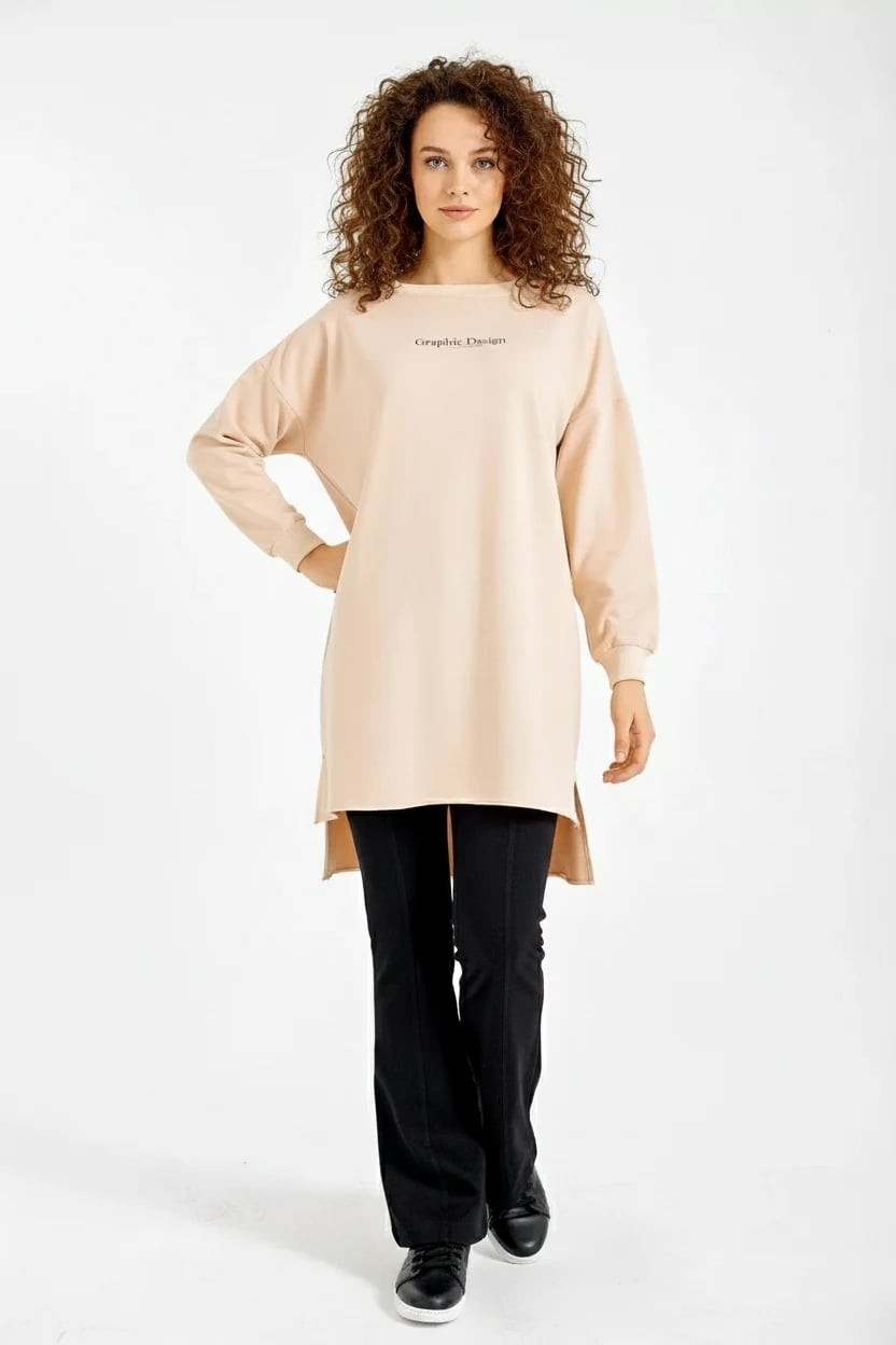  Kadın Yuvarlak Yaka Oversize Baskılı Bej Sweatshirt 