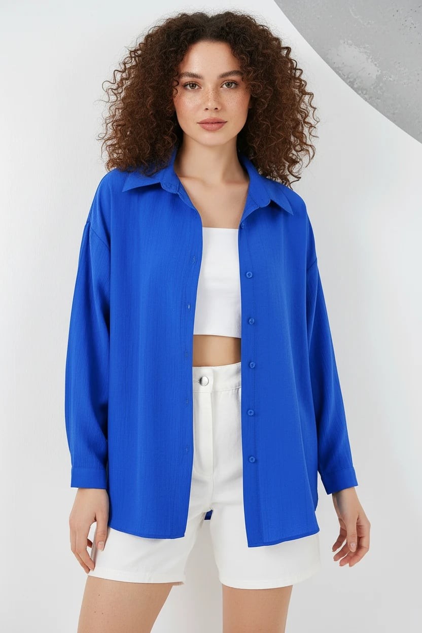  Kadın Oversize Pamuklu Saks Gömlek 