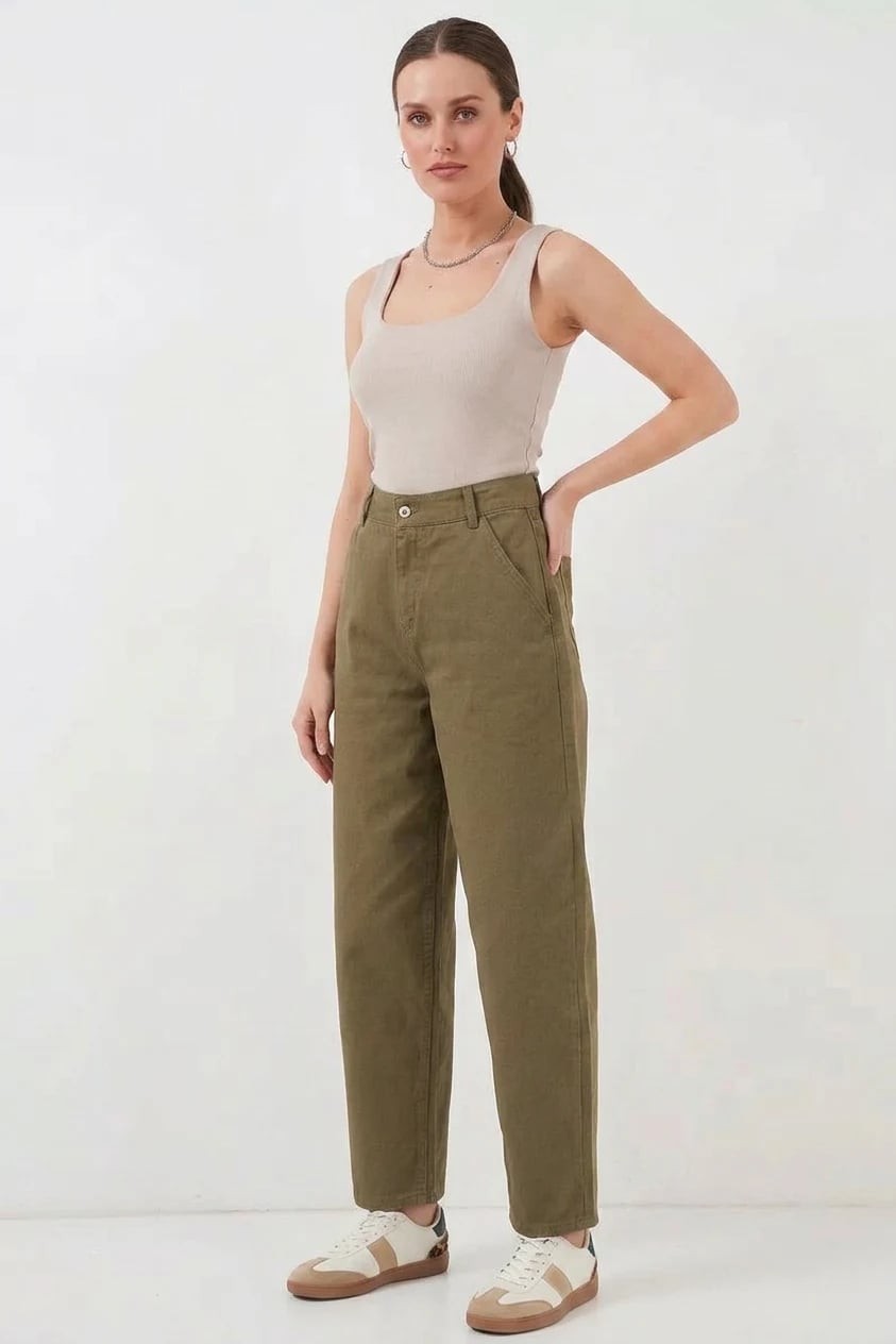  Kadın Yüksek Bel Pamuklu Haki Pantolon 