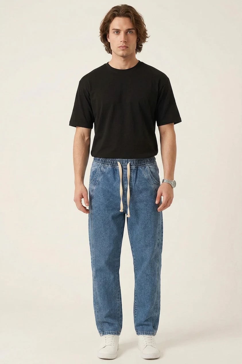  Erkek Rahat Kesim Baggy Denim İndigo Pantolon 