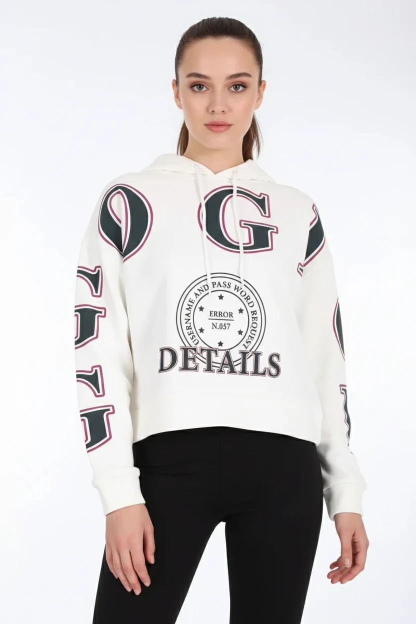  Kadın Kapüşonlu Baskılı Pamuklu Beyaz Sweatshirt 