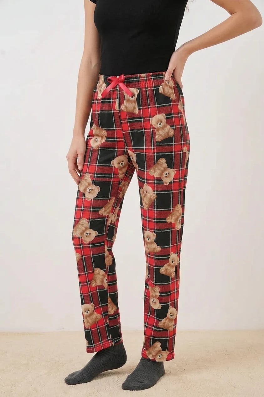  Kadın Normal Bel Kareli Desenli Kırmızı Pijama Altı 