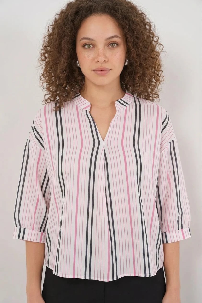 Kadın V Yaka Oversize Çizgili Viskon Pembe Bluz