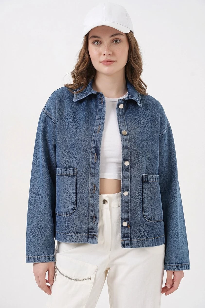  Kadın Klasik Yaka Çift Cepli Denim Lacivert Ceket 