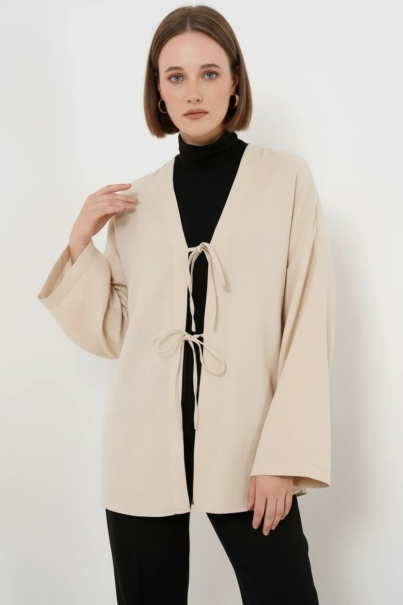  Kadın Kuşaklı Viskon Krem Tesettür Kimono 
