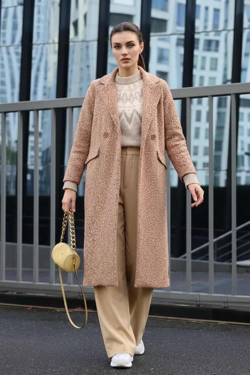  Kadın Kruvaze Yaka Buklet Oversize Taba Kaban 