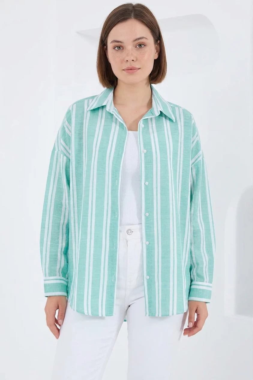  Kadın Oversize Çizgili Viskon Mint Yeşili Gömlek 