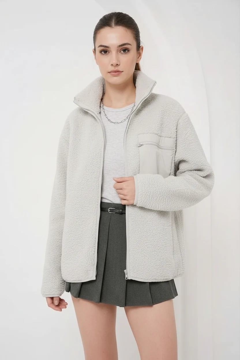  Kadın Yüksek Yaka Oversize Peluş Taş Ceket 