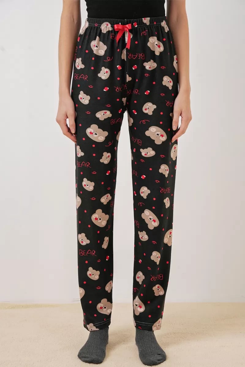  Kadın Belden Büzgülü Ayı Desenli Siyah Pijama Altı 