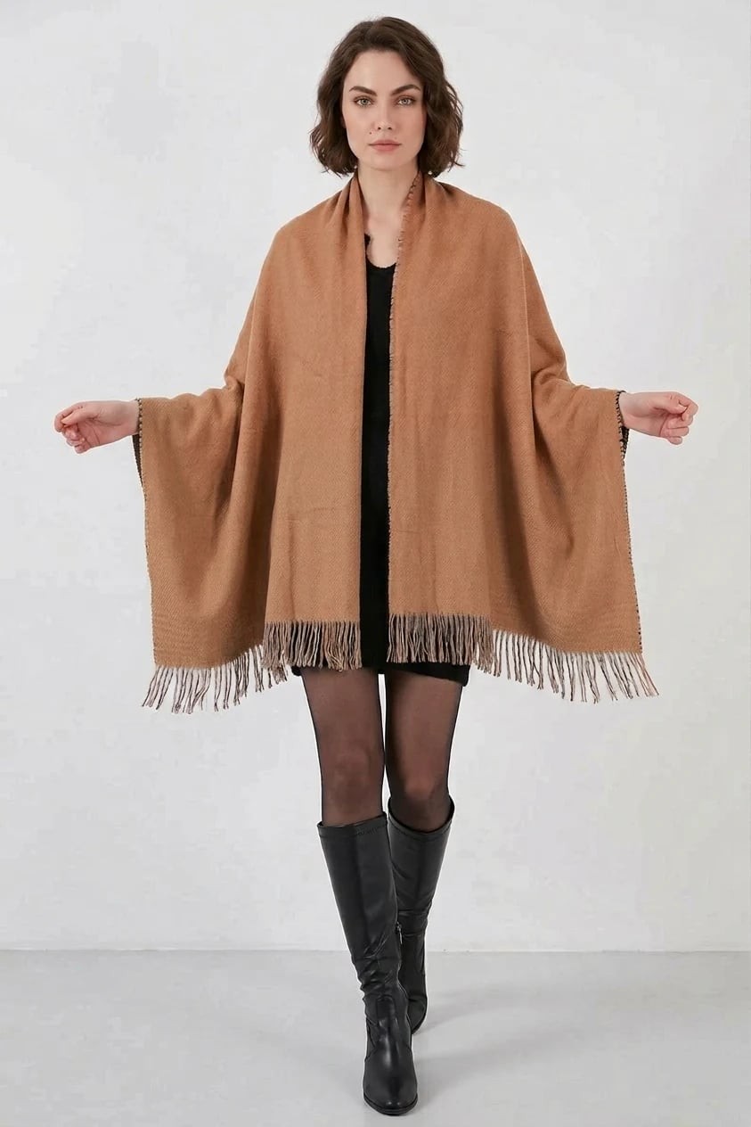  Kadın Kareli Desen Püsküllü Triko Camel Şal 
