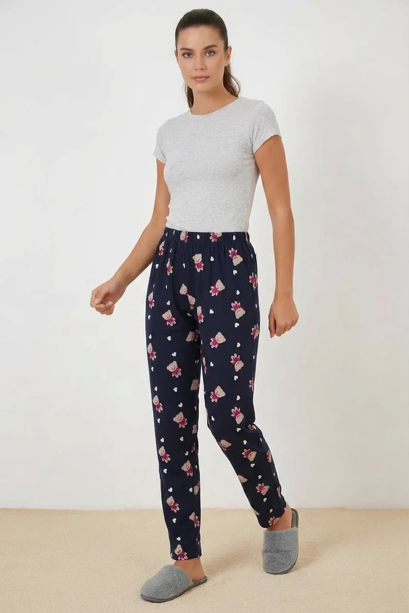  Kadın Lastikli Bel Ayı Desenli Lacivert Pijama Altı 