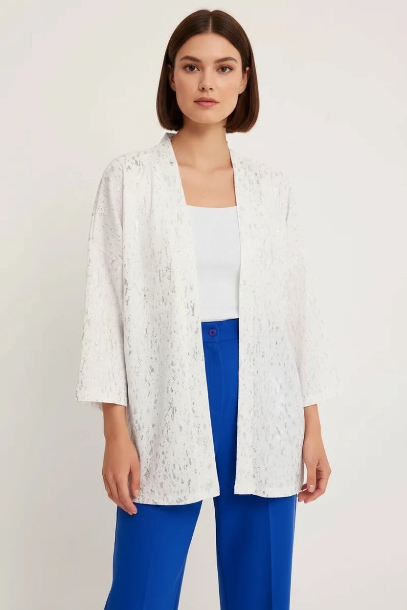  Kadın V Yaka Gümüş Varaklı Kimono 