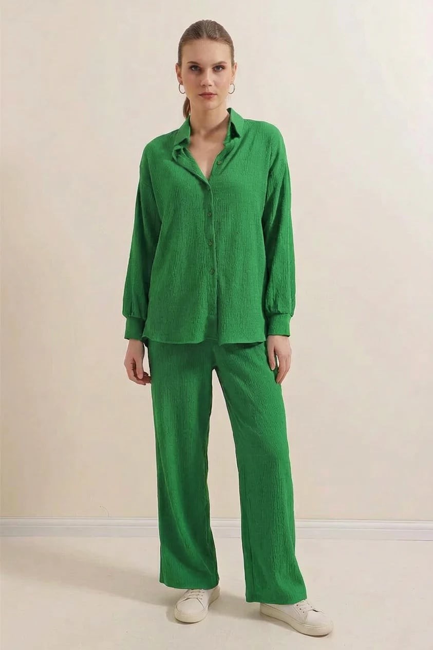  Kadın Gömlek Yaka Oversize Yeşil İkili Takım 