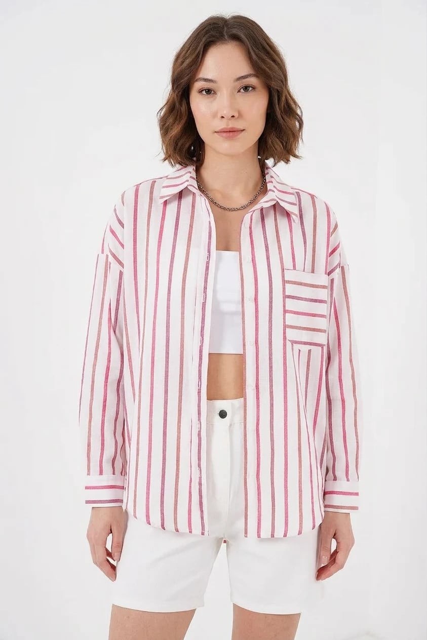  Kadın Oversize Çizgili Pamuklu Kırmızı Gömlek 
