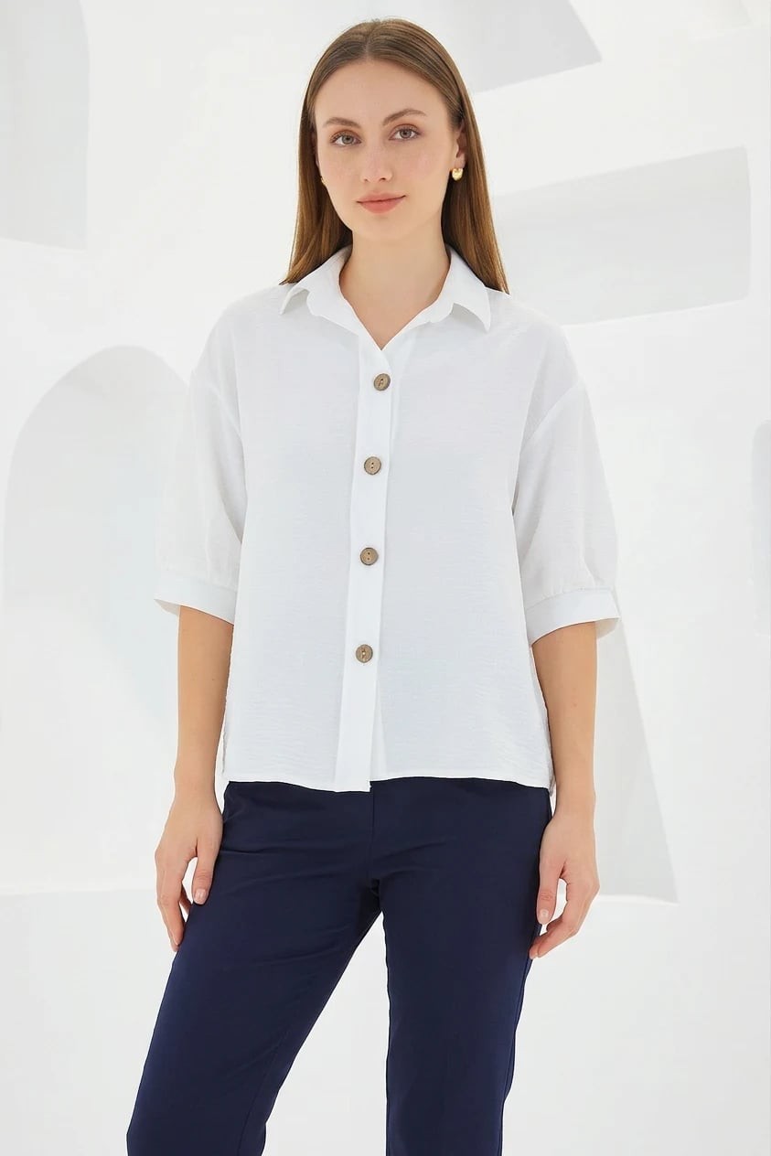  Kadın Oversize Kesim Kısa Kol Keten Beyaz Gömlek 